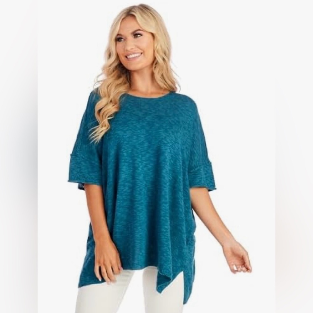 Mud Pie Teal Knit Sweater By me Size Short Sleeve Oversized Cotton Viscose